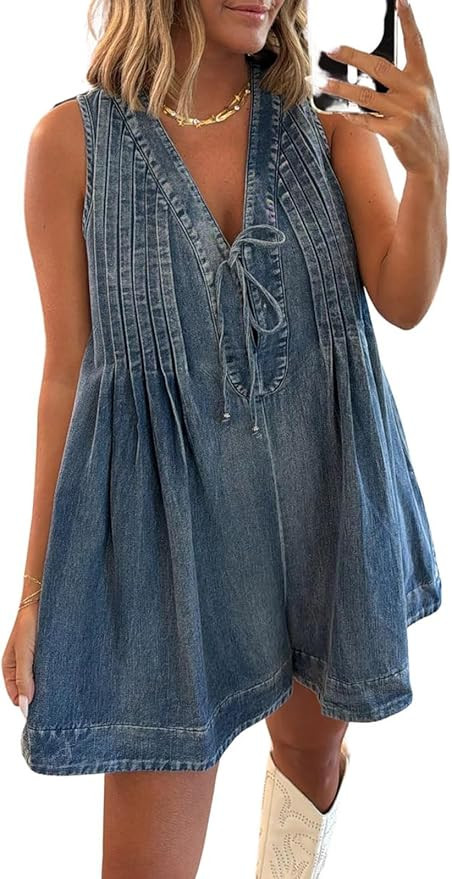 utcoco Womens Summer Casual Sleeveless Denim Romper Tie Front V Neck Jean Overall Shorts Romper W... | Amazon (US)