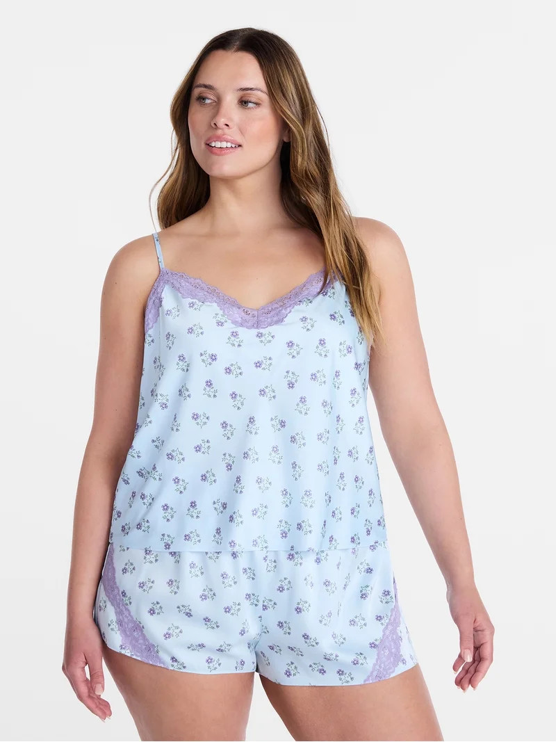 Joyspun Women's Lace Trim Stretch Satin Cami and Shorts Set, 2-Piece, Sizes XS-3X | Walmart (US)