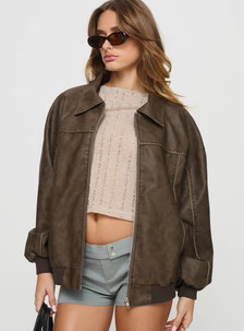 Goldsmith Faux Leather Bomber Jacket Washed Dark Brown | Princess Polly US