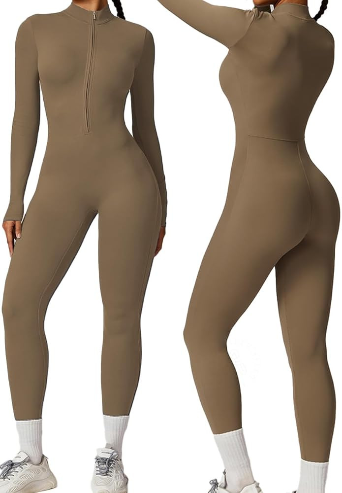 AEEZO Womens Long Sleeve Workout Jumpsuit Zip Up Yoga Rompers Sexy Tummy Control One Piece Bodyco... | Amazon (US)