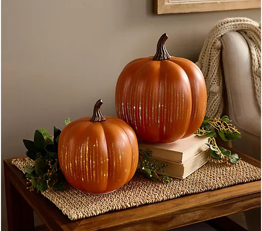 Set of 2 Illuminated Starry Night Glass Pumpkins by Valerie | QVC