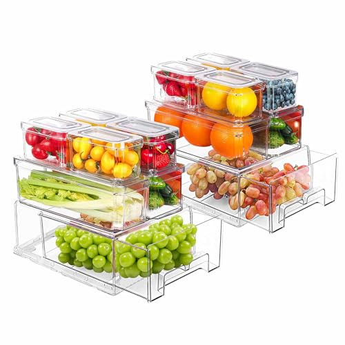 14 Pack Refrigerator Organizers and Storage with Lids and Fridge Drawer, Clear Fridge Organizer bins, Stackable Fridge Organizers and Storage for Food, Vegetable, Fruit, Produce | Amazon (US)