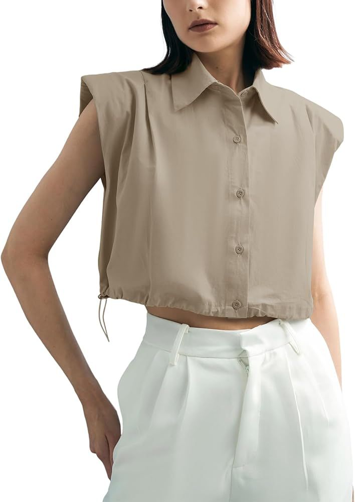 Tankaneo Womens Sleeveless Button Down Shirts Casual Loose V Neck Pad Shoulder Crop Tank Top | Amazon (US)