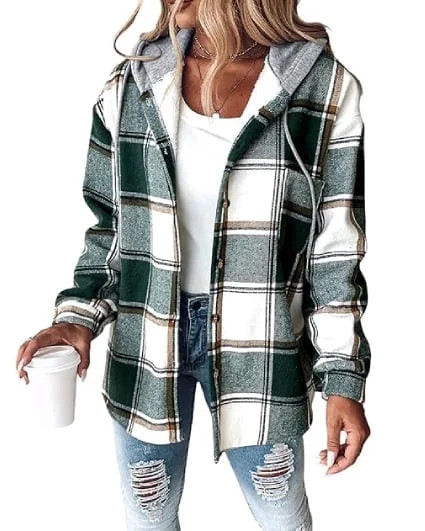 ChicMe Jackets for Women Plaid Hooded Long Sleeve Casual Shacket Lightweight Fleece Lined Coat Green-M - Walmart.com | Walmart (US)