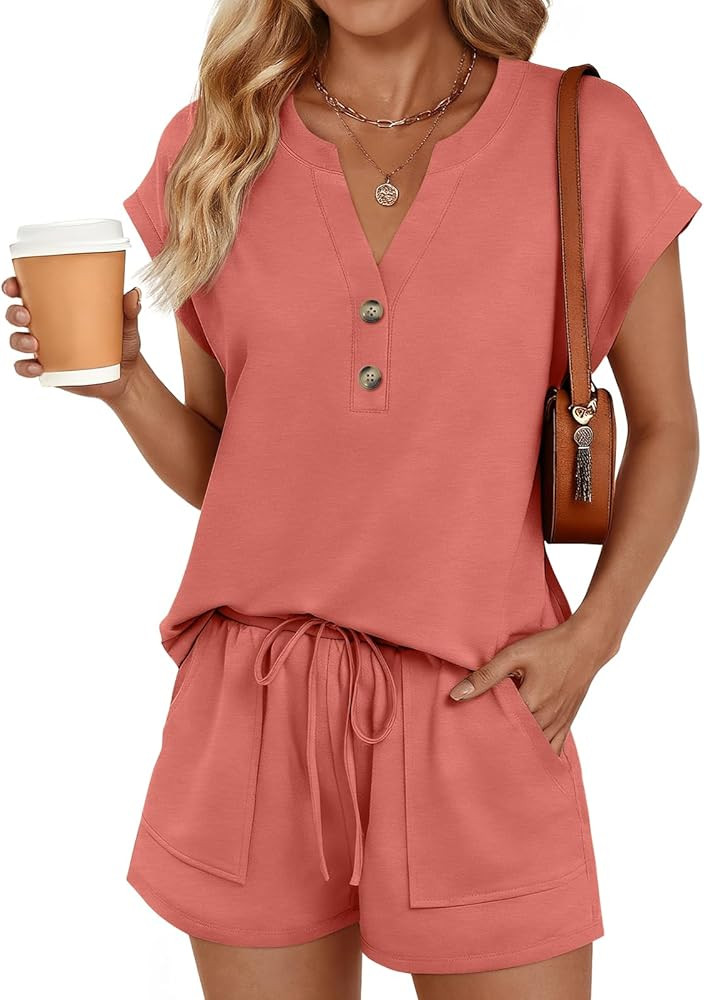 LILLUSORY 2 Piece Summer Set 2026 Henley Top & Drawstring Shorts with Pockets | Amazon (US)