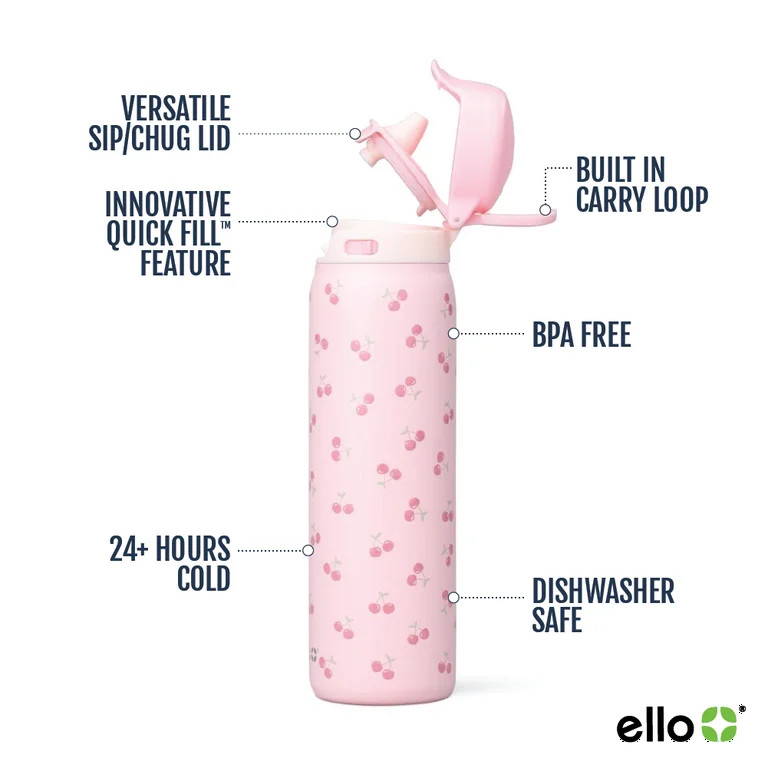 Ello Flip & Fill 22oz Insulated Stainless Steel Water Bottle, Leak-Proof Straw Lid, Cherries | Walmart (US)