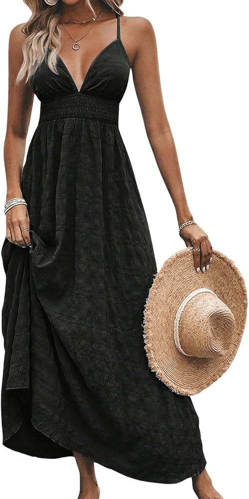 Milumia Women's Summer Smocked Cami Maxi Dress Boho V Neck Spaghetti Strap A Line Flowy Beach Lon... | Amazon (US)