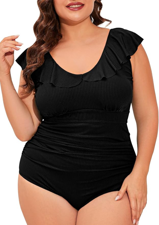 Summer Mae Women Plus Size Ribbed Ruffled One Piece Swimsuit Tummy Control Bathing Suit Retro Sco... | Amazon (US)