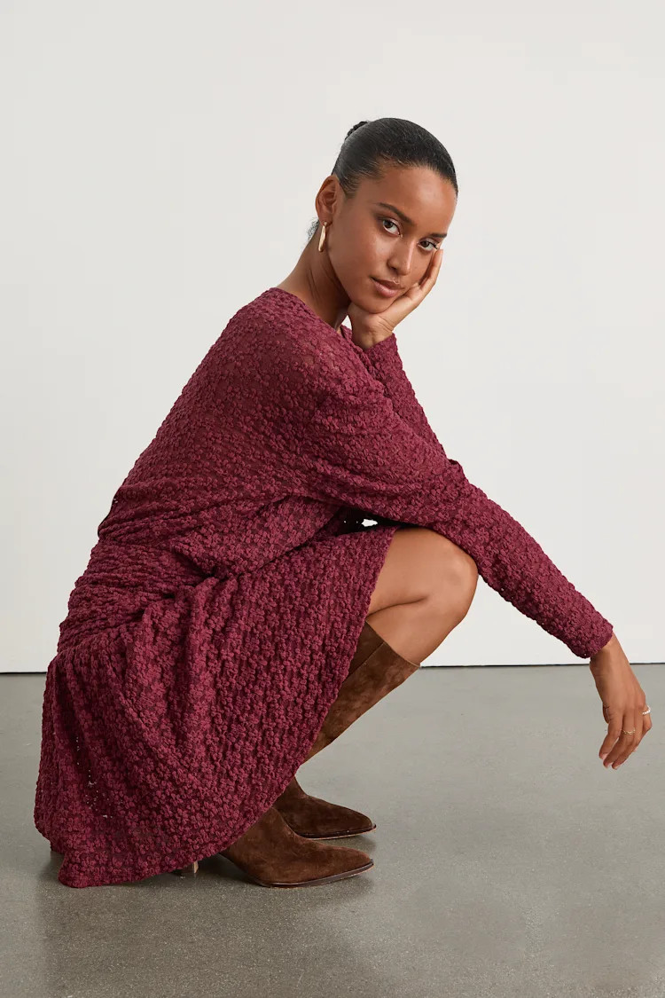 Zallie Wine Red Textured Knit Ruched Long Sleeve Mini Dress | Lulus
