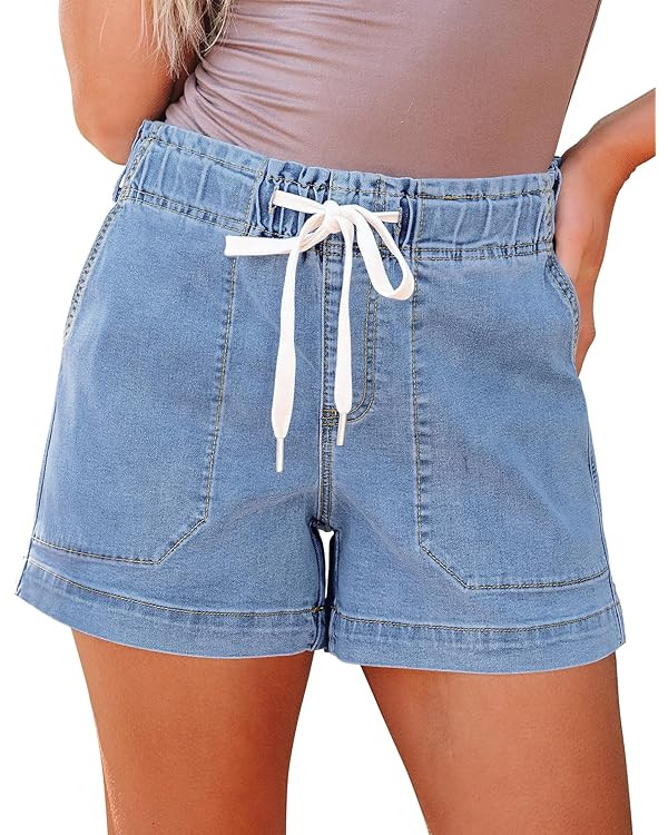 luvamia Jean Shorts for Women High Waisted Pull On Drawstring Elastic Waist Trendy Stretchy Denim... | Amazon (US)