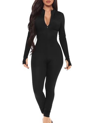 Mizoci Women's Sexy One Piece Jumpsuit Bodycon Long Sleeve V Neck Zipper Full Bodysuit, Small, Black | Amazon (US)