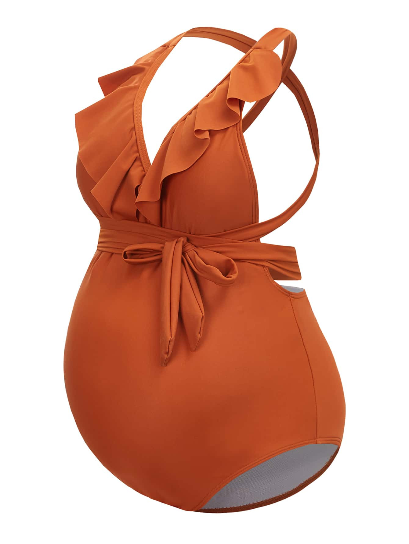 Maternity Ruffle Trim Crisscross Back Knot Front One Piece Swimsuit | SHEIN