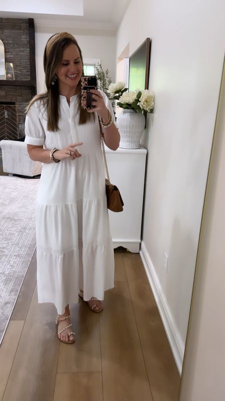 White dress I wore to Mother’s Day brunch! It’s a great Amazon fashion find! maxi dress is double lined, has a hidden button closure & cute neckline/ sleeves. Nursing friendly dress & would accommodate a bump! Would also be appropriate for work, church or a great teacher outfit! Love it with these pearl sandals & rattan headband! 

Amazon finds, long dress, white dresses from Amazon, Amazon fashion, midi dress, maxi dress, teacher style, brown cross body purse with gold chain, pearl sandals, stackable gold bracelets 
#ltkfindsunder100 #ltkstyletip 


#LTKFindsUnder50 #LTKVideo #LTKSeasonal