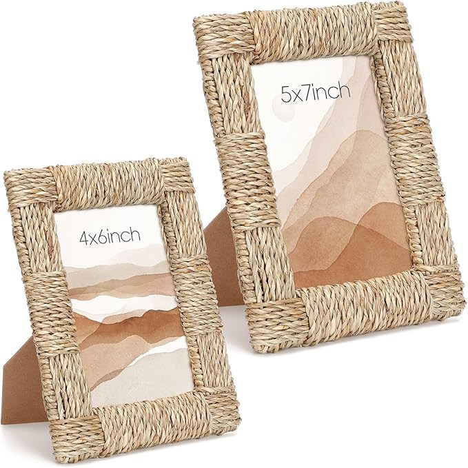 2 Pack Sea Grass Photo Frames Natural Boho Rattan Photo Frame with Glass Paper Rope for Wall and ... | Amazon (US)