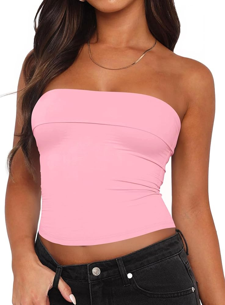 Tankaneo Womens Strapless Tube Tops Cropped Y2K Going Out Fitted Tank Tops Summer Trendy Layered ... | Amazon (US)