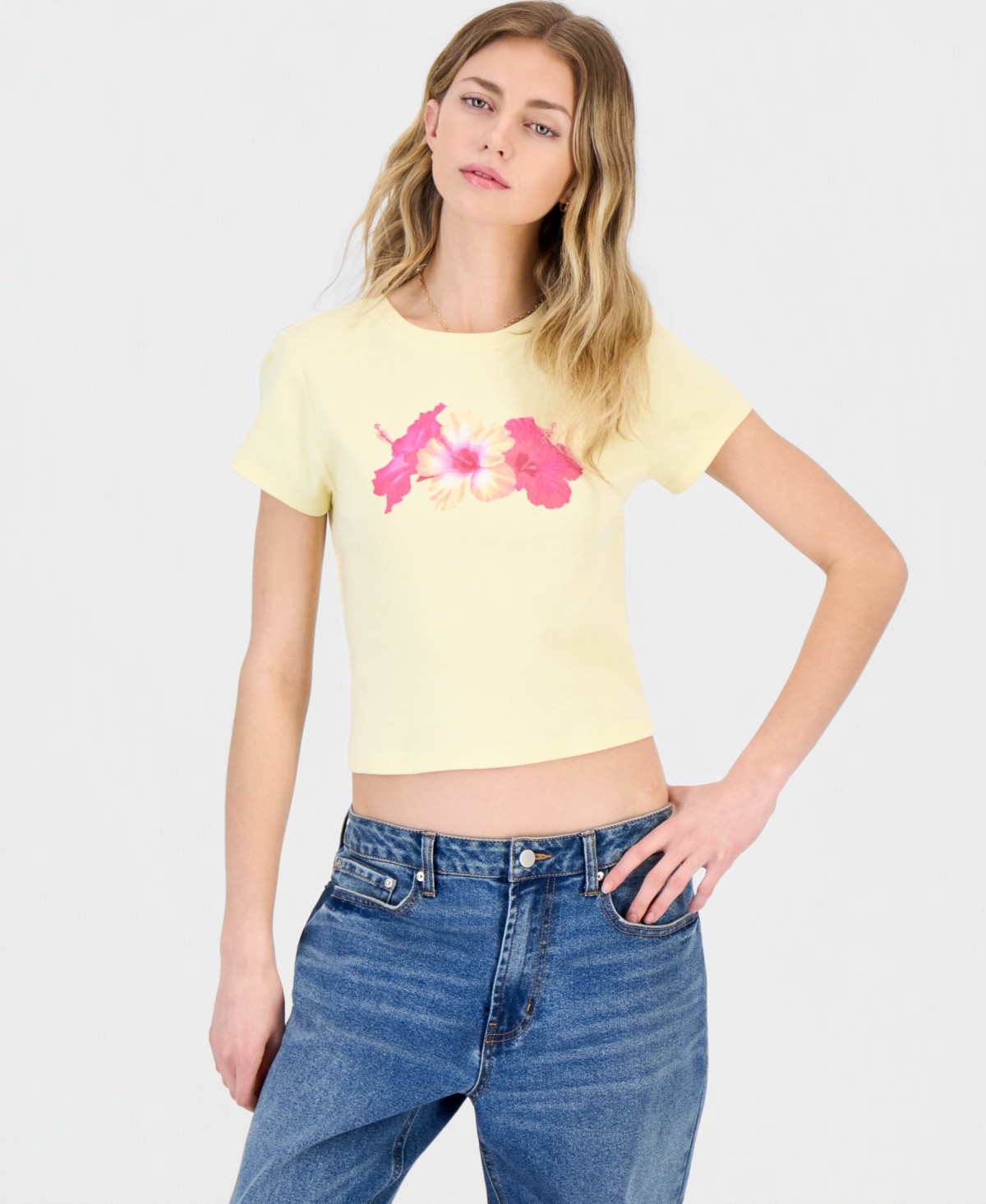 Self Esteem Juniors' Hibiscus Graphic T-Shirt - Double Cream | Macy's