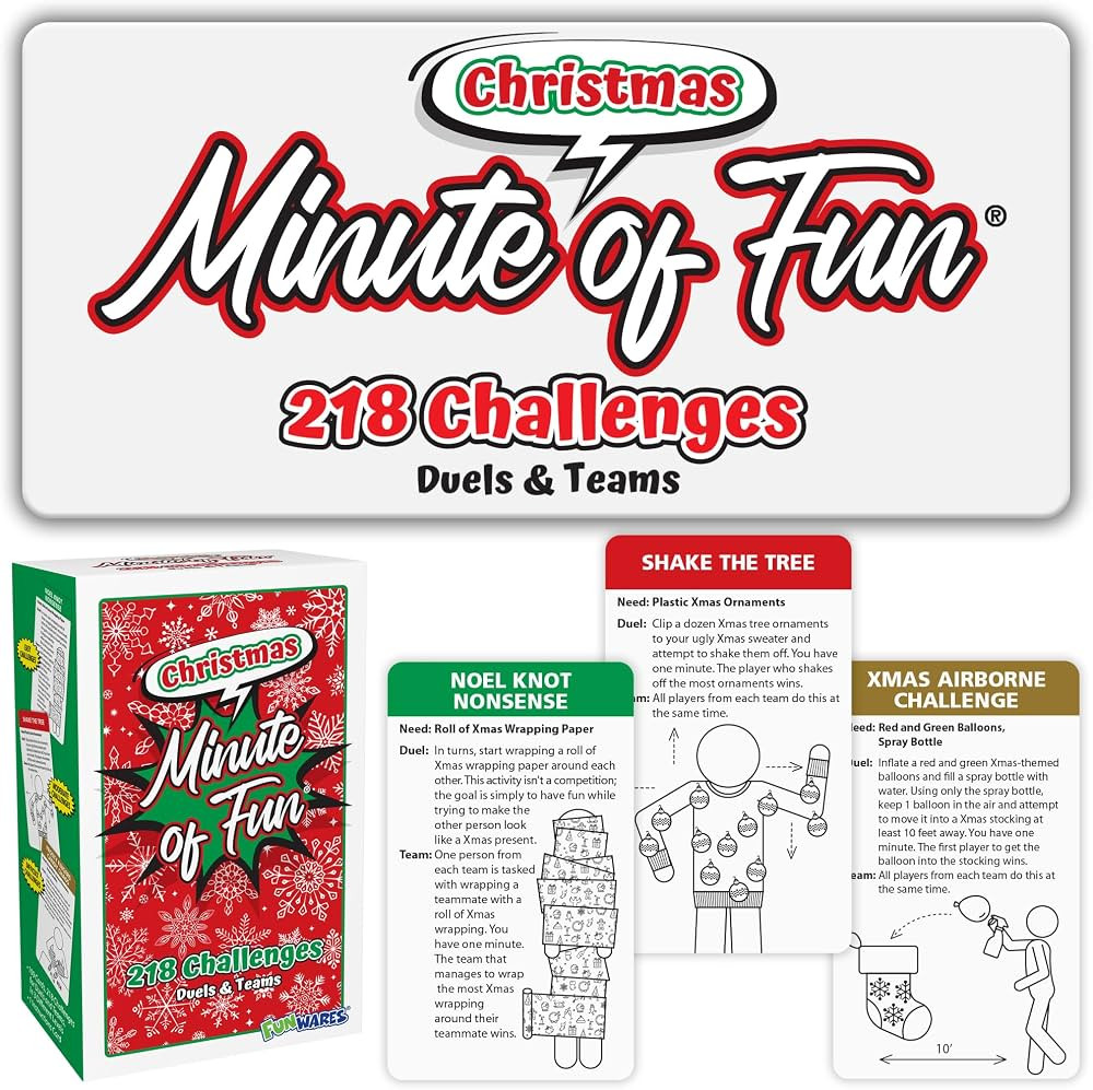 Funwares Minute of Fun Game - Minute to Win It Games for Kids, Adults, Teens, Families, Game Night, Gift for Home, Birthdays, or Travel. 2-12 Players! Xmas Edition, 218 Challenges! | Amazon (US)