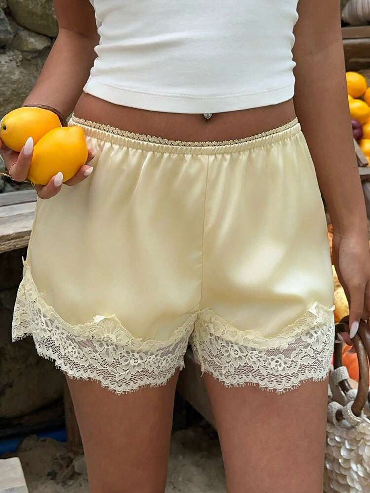 Aloruh Women's Valentine's Day Yellow Sexy Lace Trim Satin Shorts | SHEIN