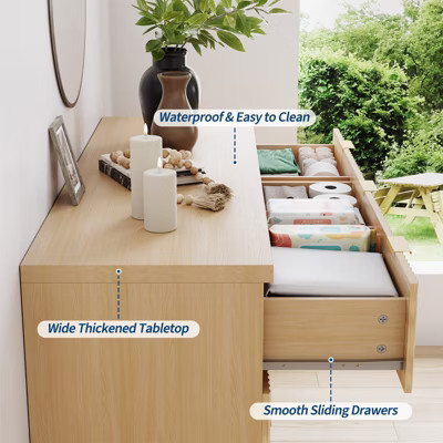 Mid Century Modern 7 Drawer Dresser for Bedroom - 47 Inch Wide Oak Chest with Gold Handles - Fluted Wood Storage Cabinet，Natural Oak | Target