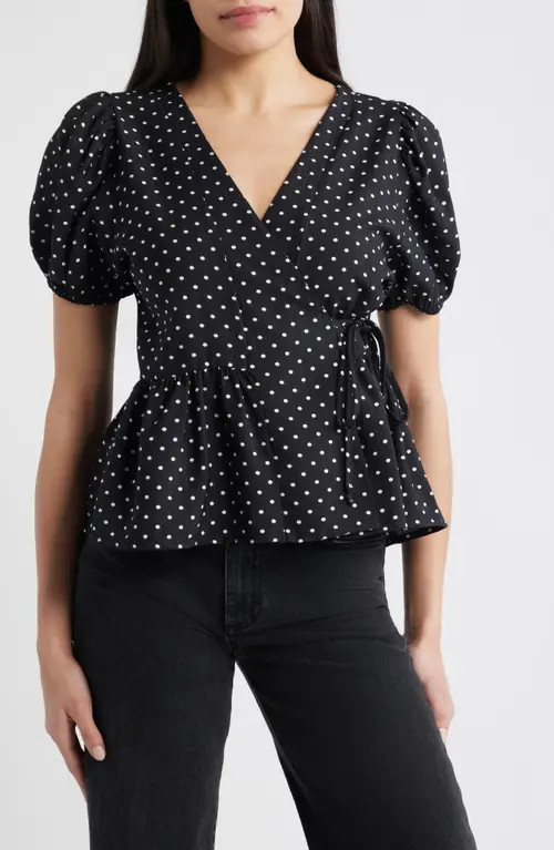 Loveappella Polka Dot Wrap Top in Black/ivory at Nordstrom, Size Large | Nordstrom
