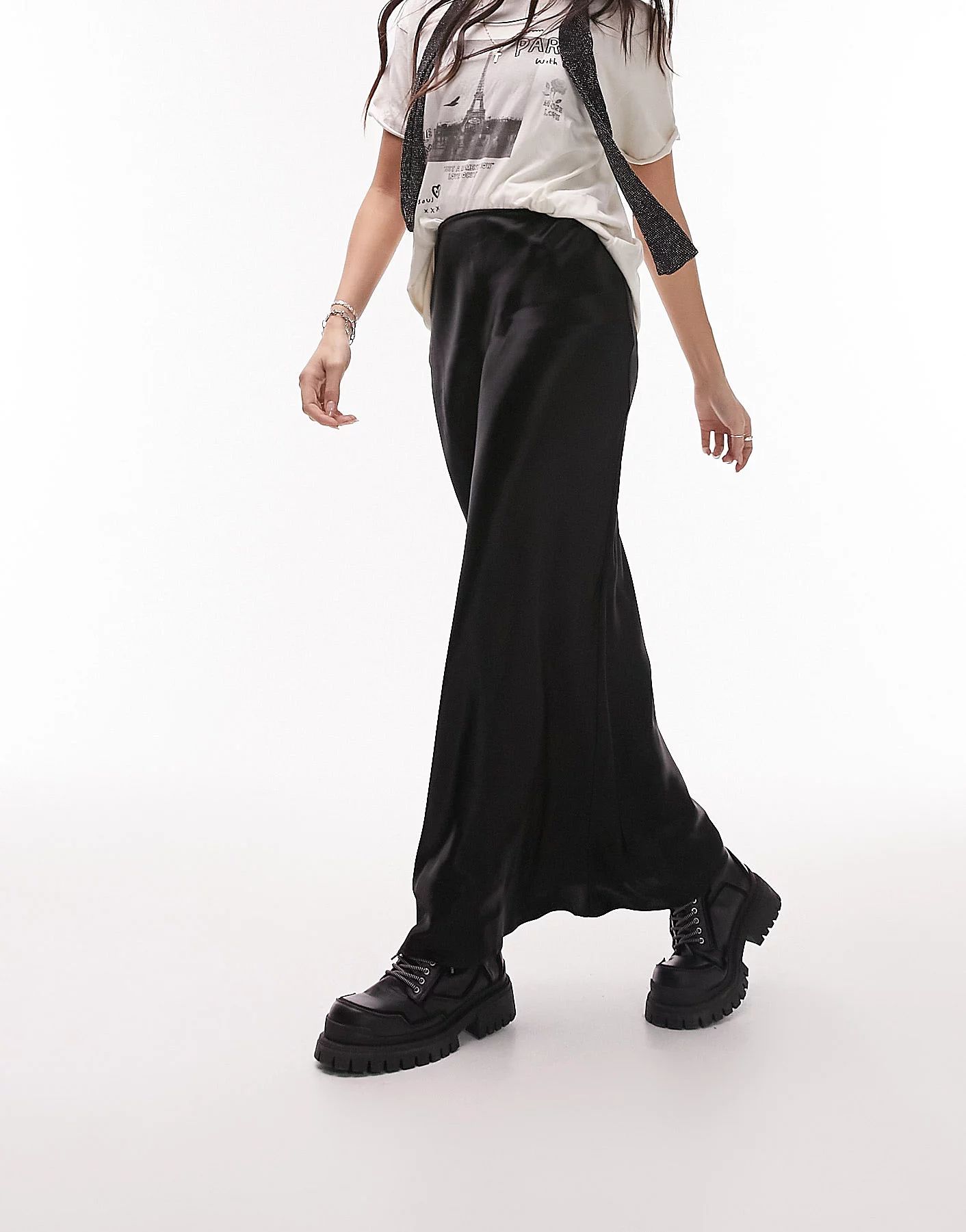 Topshop satin bias maxi skirt in black | ASOS (Global)