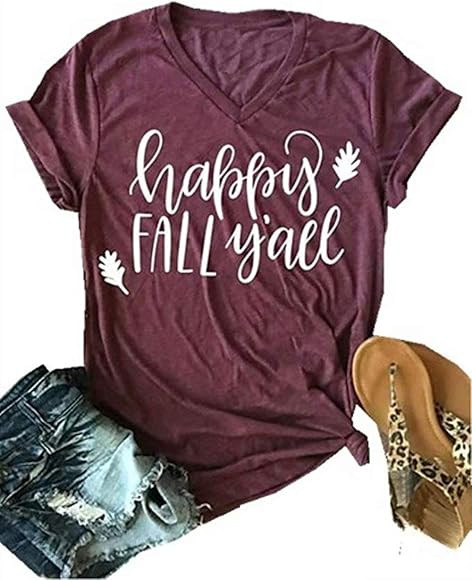Happy Fall Y'all Halloween V Neck T Shirts Womens Funny Pumpkin Spice Letter Printed Fall Shirt T... | Amazon (US)