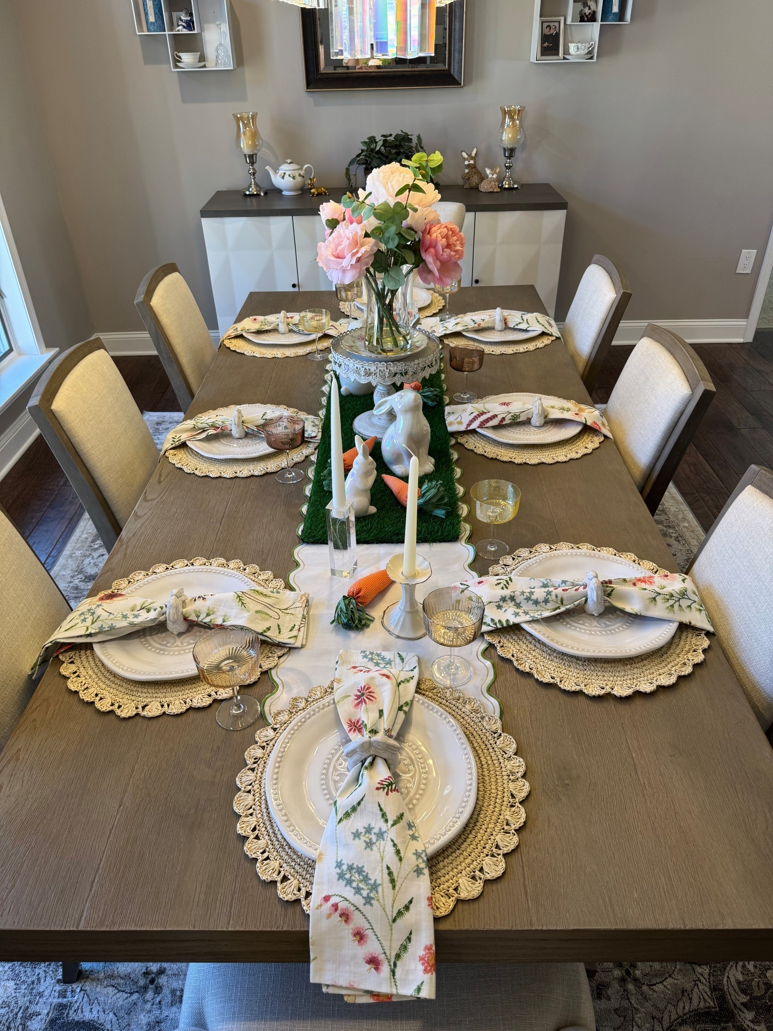 Spring table, table runner, spring table runner, woven placemats, circle woven placemats, faux grass table runner, fake grass runner, spring napkins, pottery barn spring, spring pottery barn, spring flower arrangement, Easter table, spring table, 