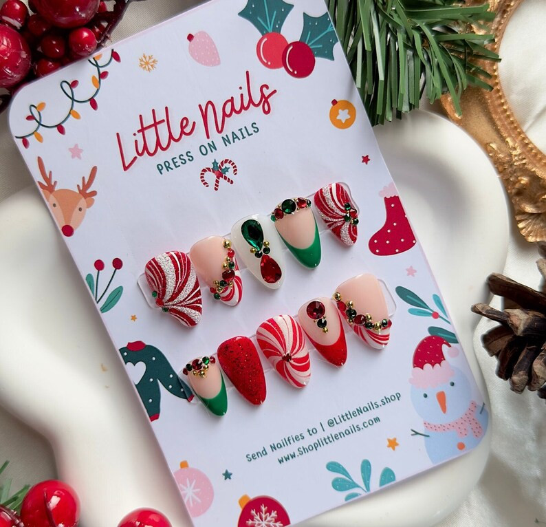 Pink Kawaii Holiday Nails, Candy Cane, Glue on Nails and Reusable Nails, Press on Nails - Etsy | Etsy (US)