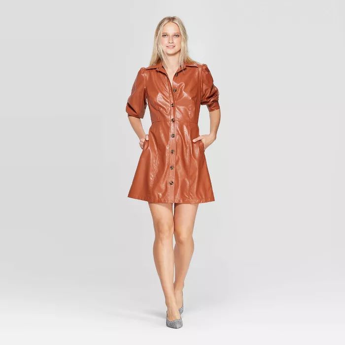 Women's Puff Elbow Sleeve Collared Button-Up A Line Mini Dress - Who What Wear™ | Target