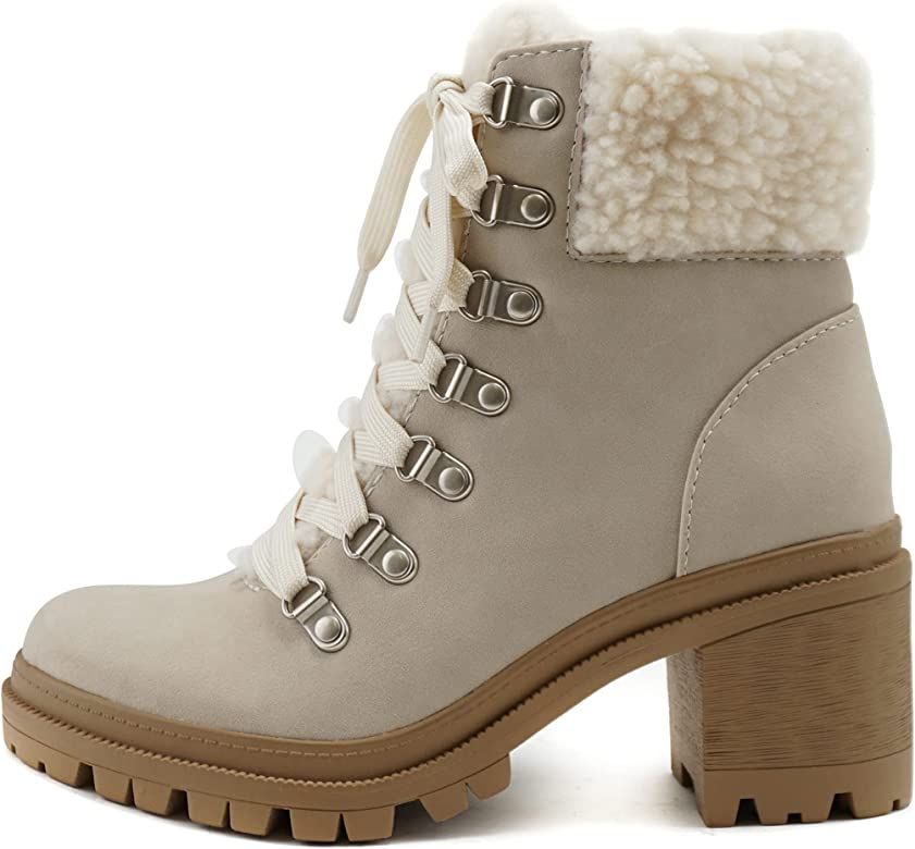 Soda KEYNOTE ~ Women Chunky Lug Sole Faux Fur D-Ring Lace-up Fashion Combat Ankle Boot w/Side Zip... | Amazon (US)
