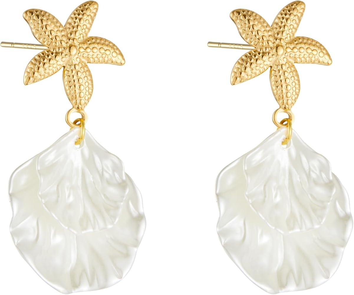 Starfish Seashell Pearl Earrings Boho Ocean Pearl Shell Earrings for Women Summer Beach Surfer Je... | Amazon (US)
