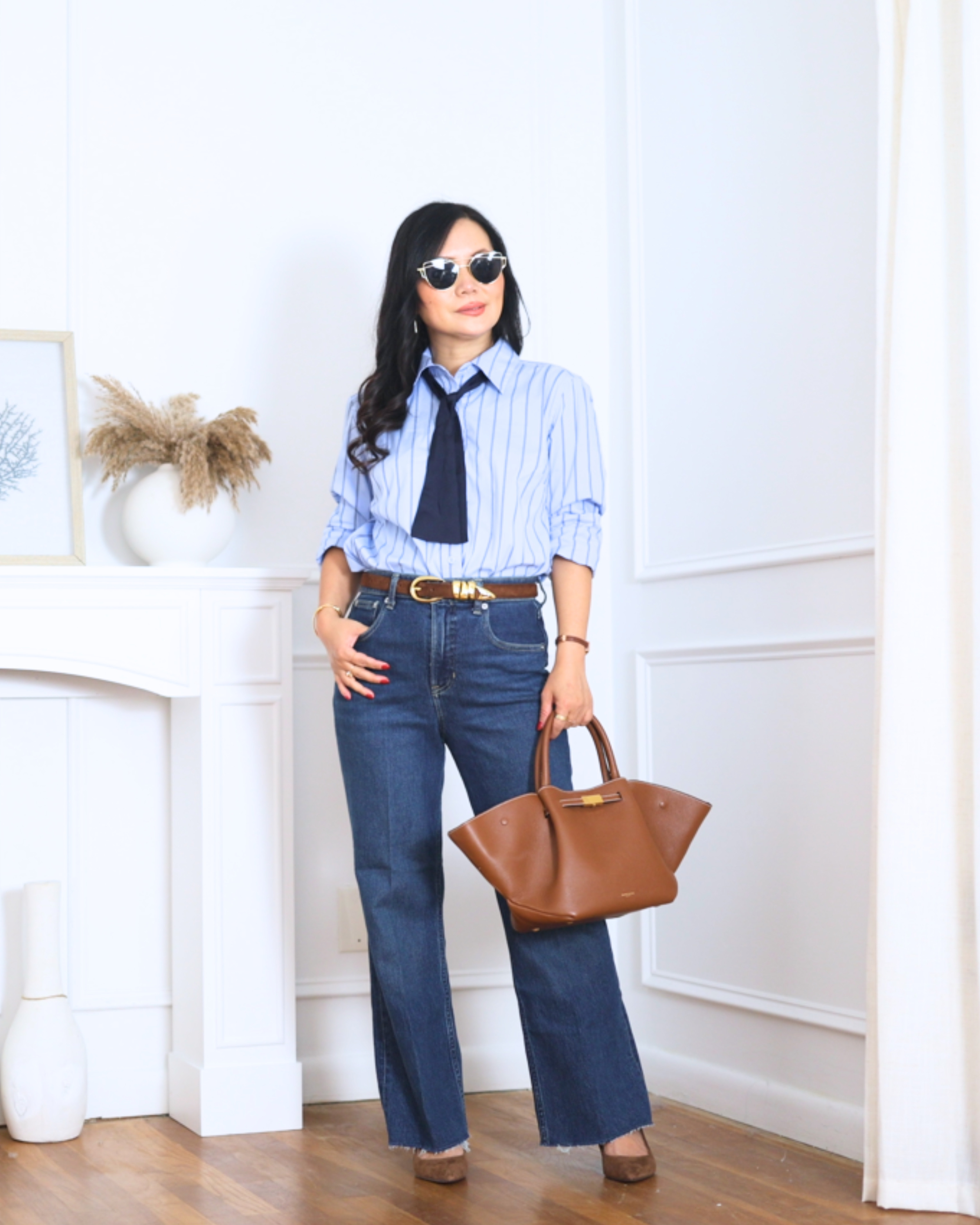 A FREE ASSEMBLY button-down from Walmart is one of those basics I can style a million ways. I especially love wearing it slightly open at the neckline and tucked in with high-waisted bottoms. I’m wearing size xs. Pairing with this Kickflare jeans. 

 #LTKSeasonal #LTKOver40 #LTKPetite