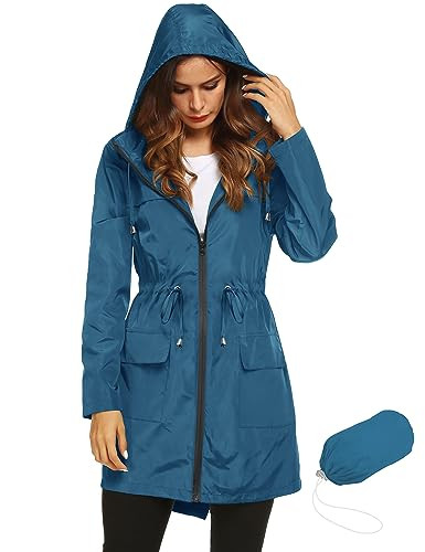 LOMON Womens Lightweight Waterproof Rain Jacket Active Outdoor Hooded Raincoat with Drawstring Belt Deep blue S | Amazon (US)