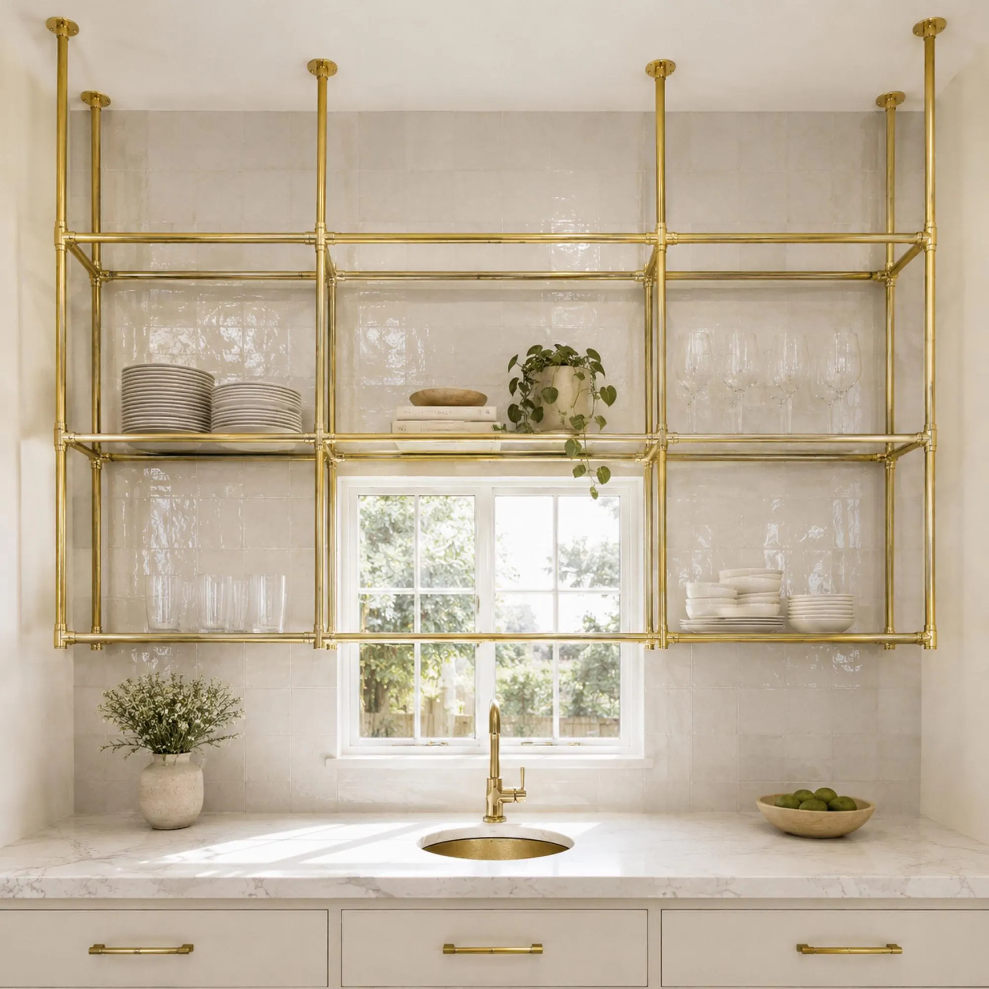 Unlacquered Brass Ceiling-Mounted Shelving Unit, Kitchen Hanging Bar Shelf | Etsy (Global)