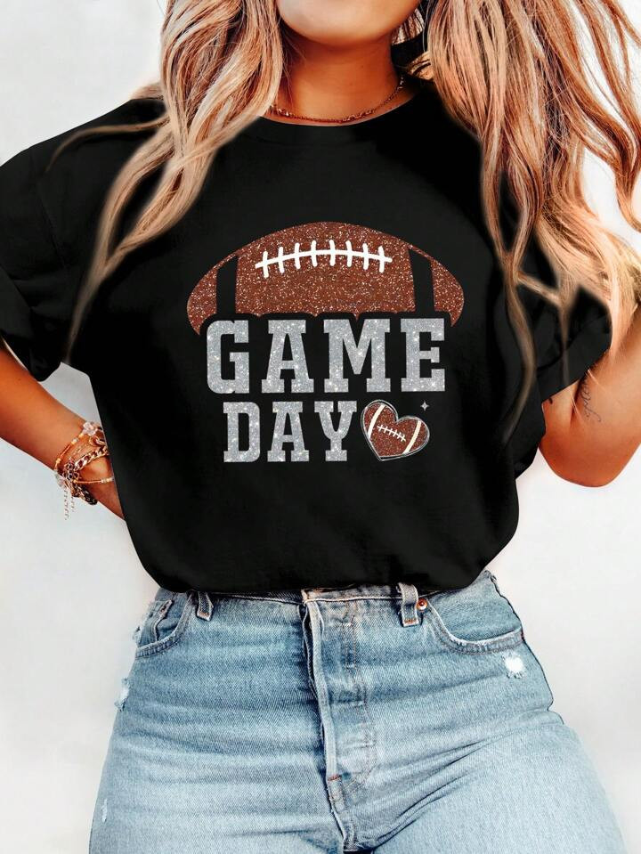 SHEIN LUNE Women''s Casual Football Game Day Pattern Summer T-Shirt | SHEIN USA | SHEIN