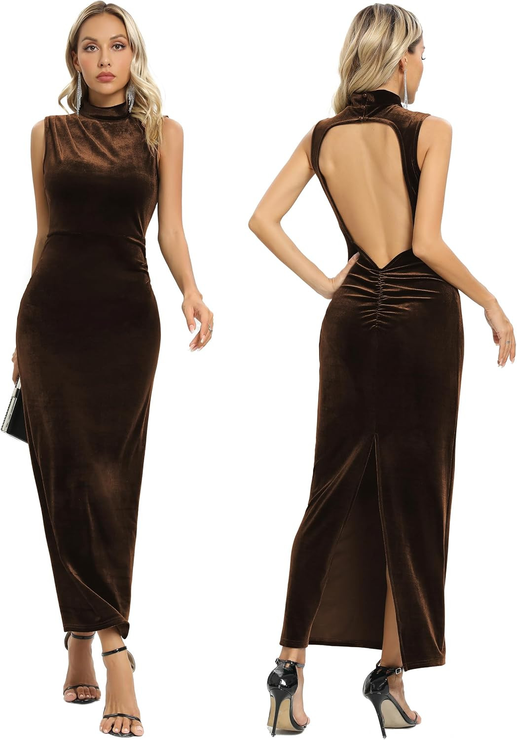 Women Backless Velvet Bodycon Maxi Dress High Neck Ruched Slit Party Dress | Amazon (US)