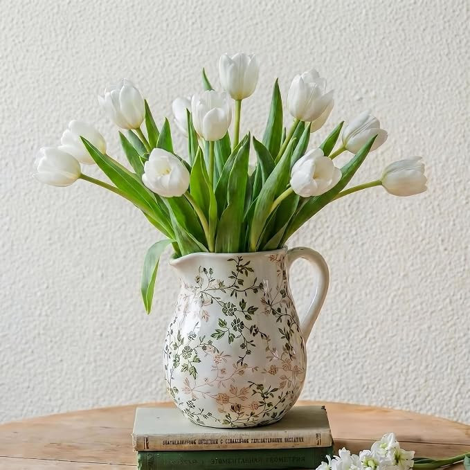 Ceramic Green and White Floral Vase with Handle, Rustic Farmhouse Pitcher Flower Vase, Chinoiseri... | Amazon (US)