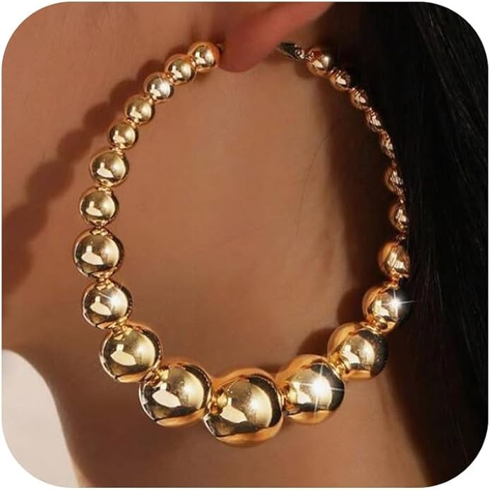 Gold Huggie Hoop Earrings for Women Beaded Chunky Exaggerated Big Hoops Earrings Thick Large Hoop... | Amazon (US)