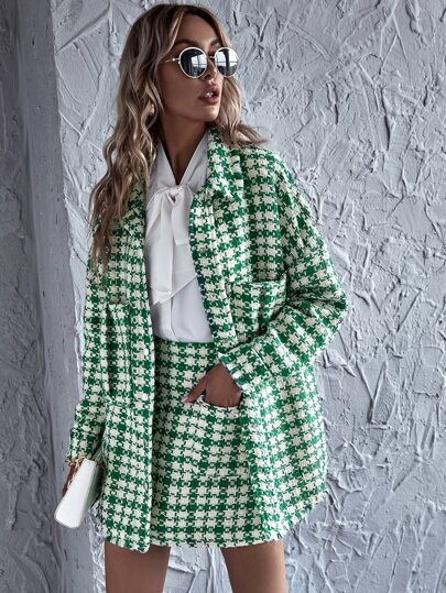 Tweed Plaid Dual Pockets Oversized Coat | SHEIN
