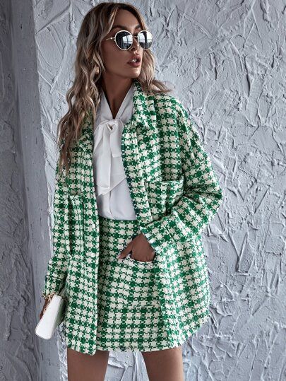 Tweed Plaid Dual Pockets Oversized Coat | SHEIN