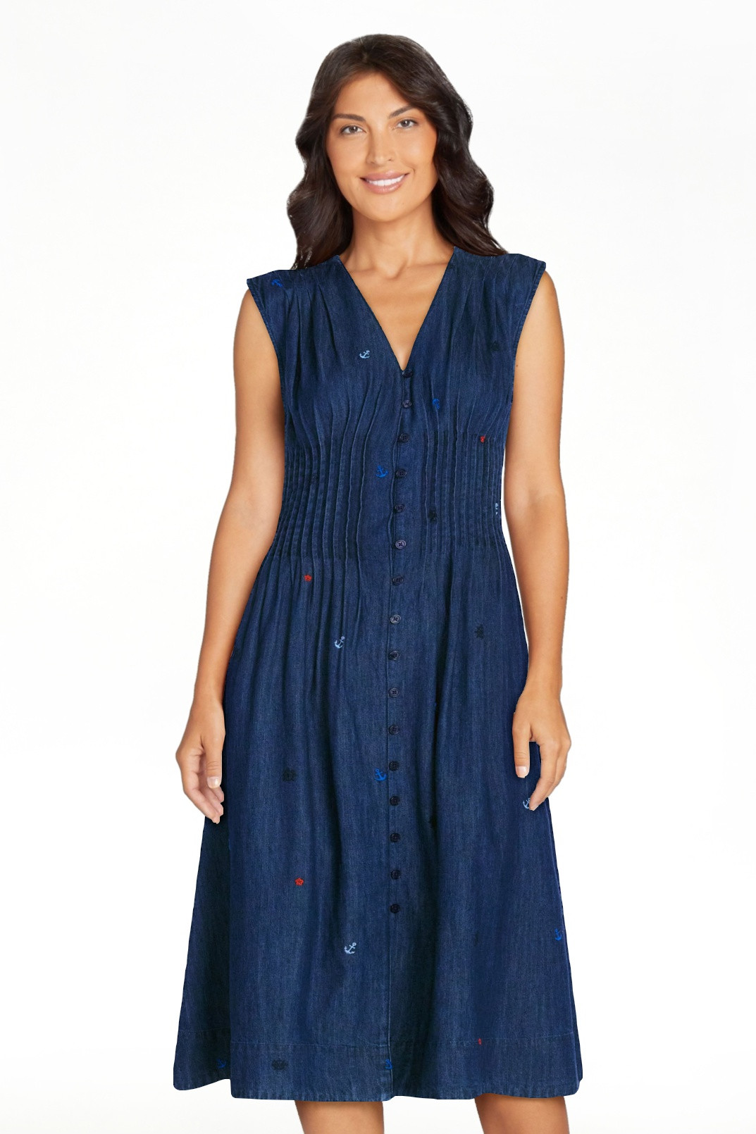 Free Assembly Women's Sleeveless Embroidered Denim V-Neck Midi Dress, Sizes XS-4X | Walmart (US)