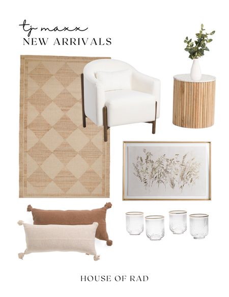 TJ Maxx New Arrivals
Harlequin check area rug
White arm chair
Accent chair
Side chair
Neutral home decor
Living room
Bedroom
Fluted nightstand
Fluted side table
Faux eucalyptus 
Throw pillows
Gold rimmed glasses


#LTKhome