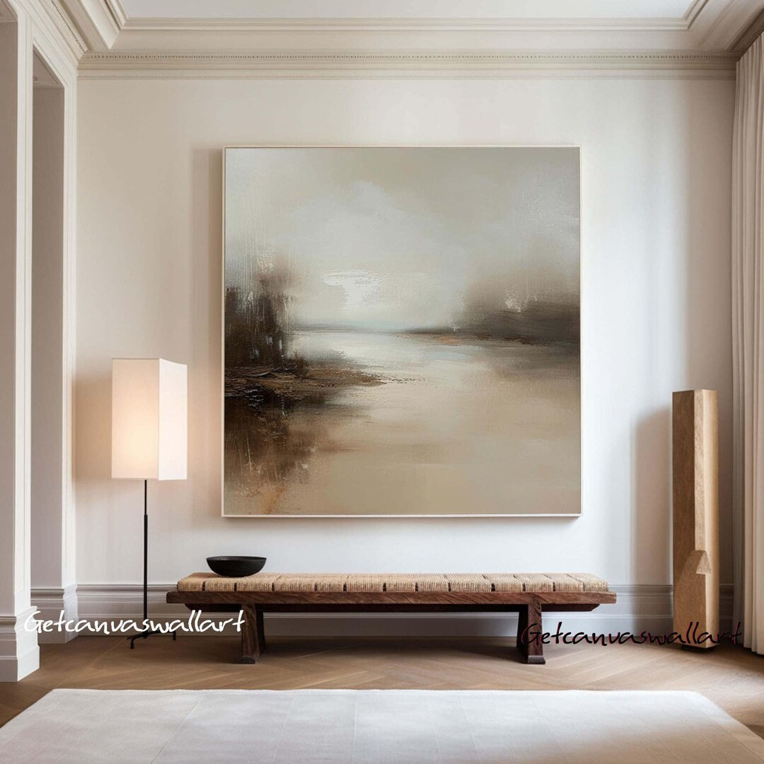 Abstract Landscape Oil Painting Neutral Wall Art Framed Vintage Country Landscape Wall Art Farmho... | Etsy (US)