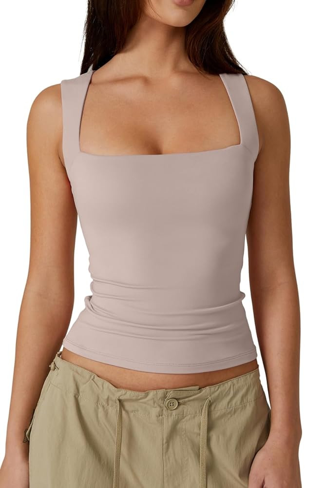 QINSEN Women's Square Neck Sleeveless Double-Layer Tank Tops Basic Tight T Shirts | Amazon (US)