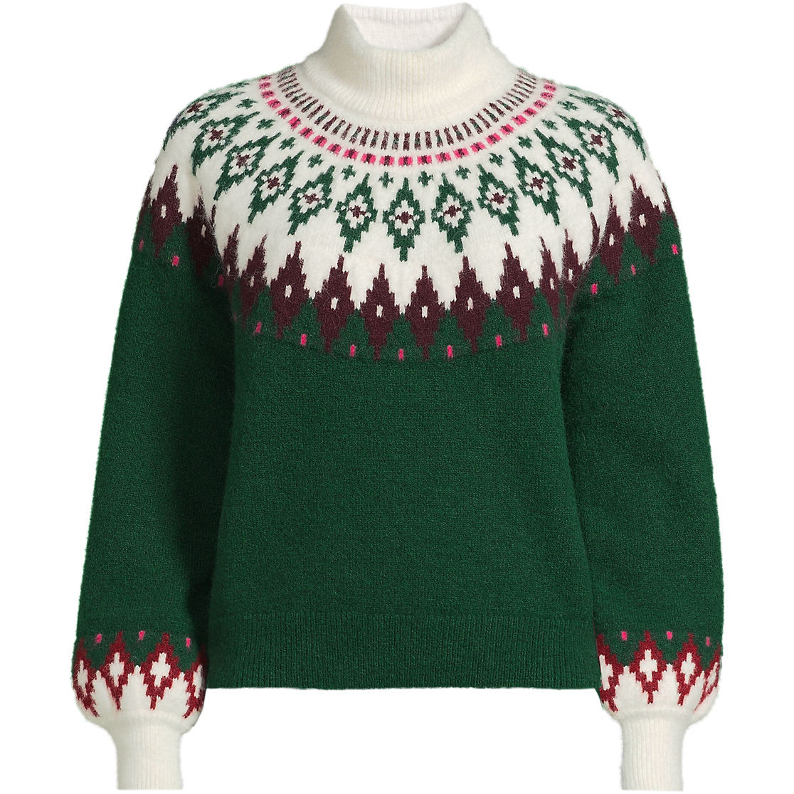 Women's Fuzzy Turtleneck Lantern Sleeve Jacquard Sweater | Lands' End (US)