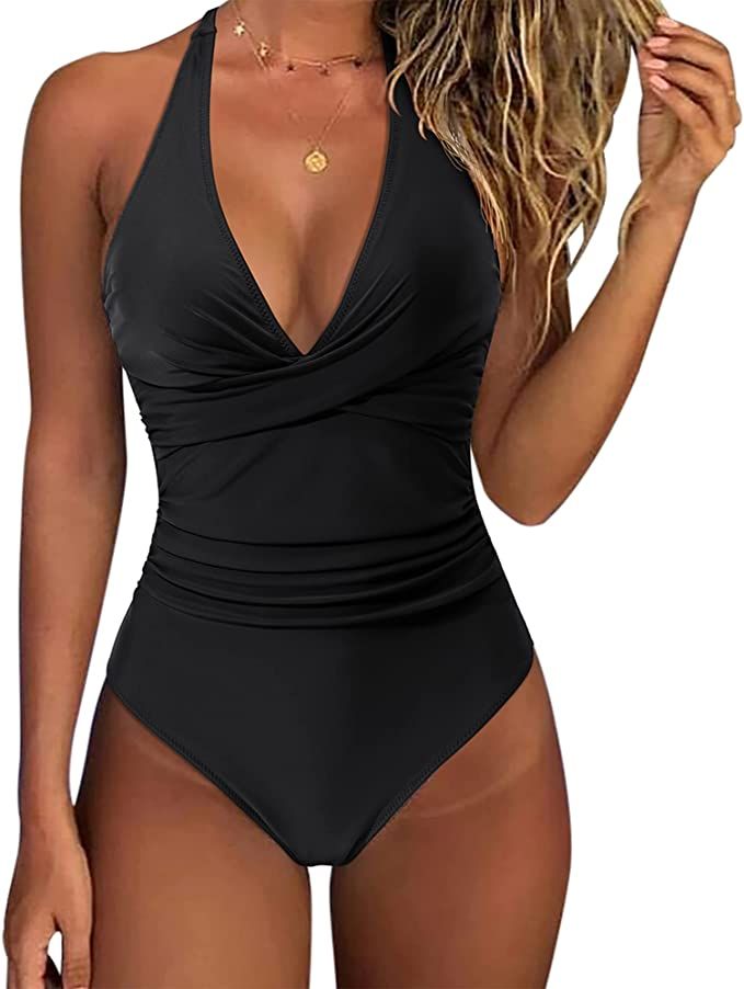 SUUKSESS Women Sexy Tummy Control One Piece Swimsuits Halter Push Up Bathing Suits | Amazon (US)