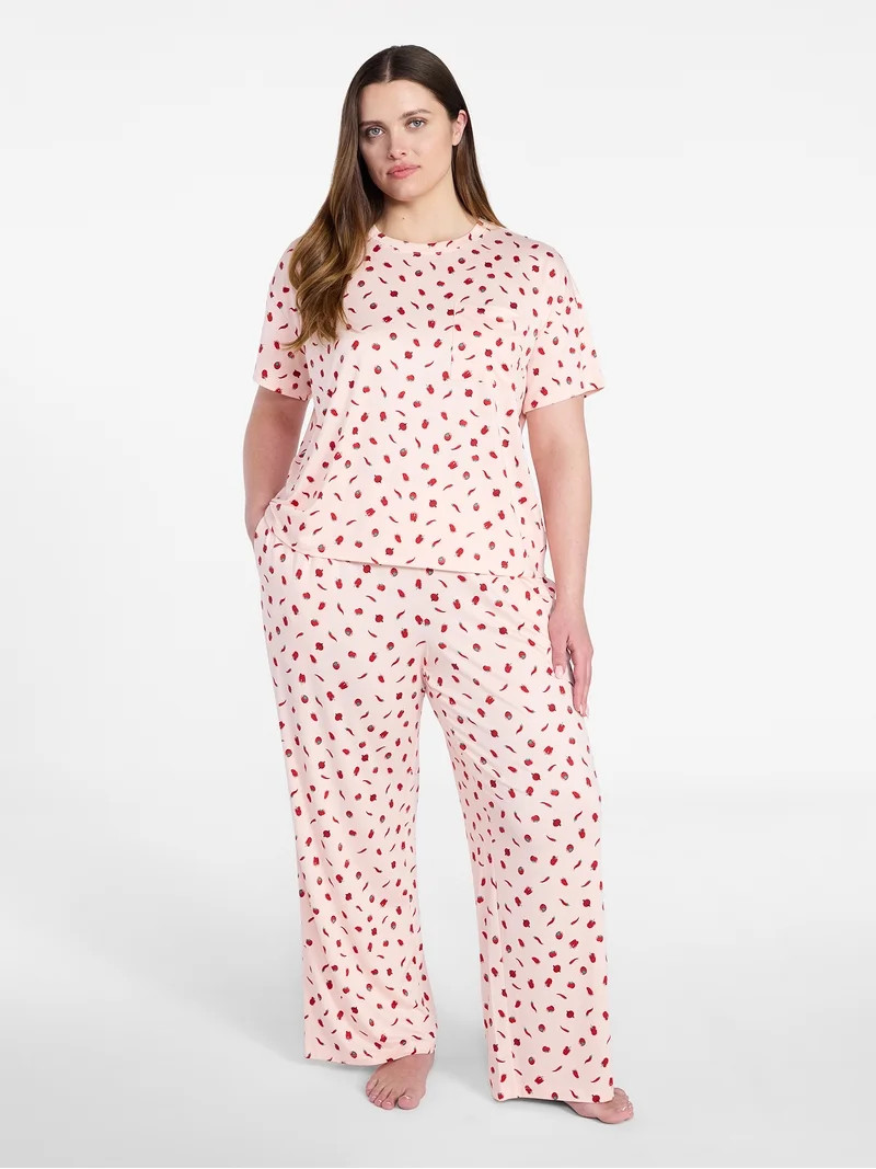 Joyspun Women's Dreamy Soft Collection Short Sleeve Sleep Top and Open Leg Pants Set, 2-Piece, Si... | Walmart (US)