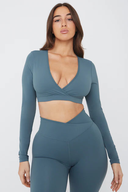 DAYFLEX WRAP LONG SLEEVE CROP TOP - LAKE GREEN | TALA (UK)