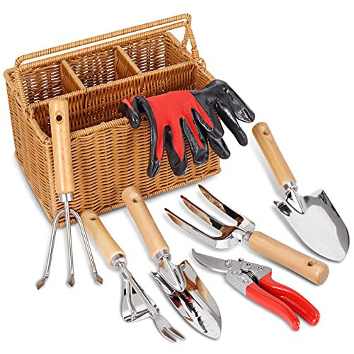 SOLIGT Garden Tools Set with Basket, Heavy Duty Stainless Steel Gardening Hand Tool with Wood Handle, Pruning Shears, Gloves - Perfect Gardening Gifts Planting Supplies for Women Men | Amazon (US)