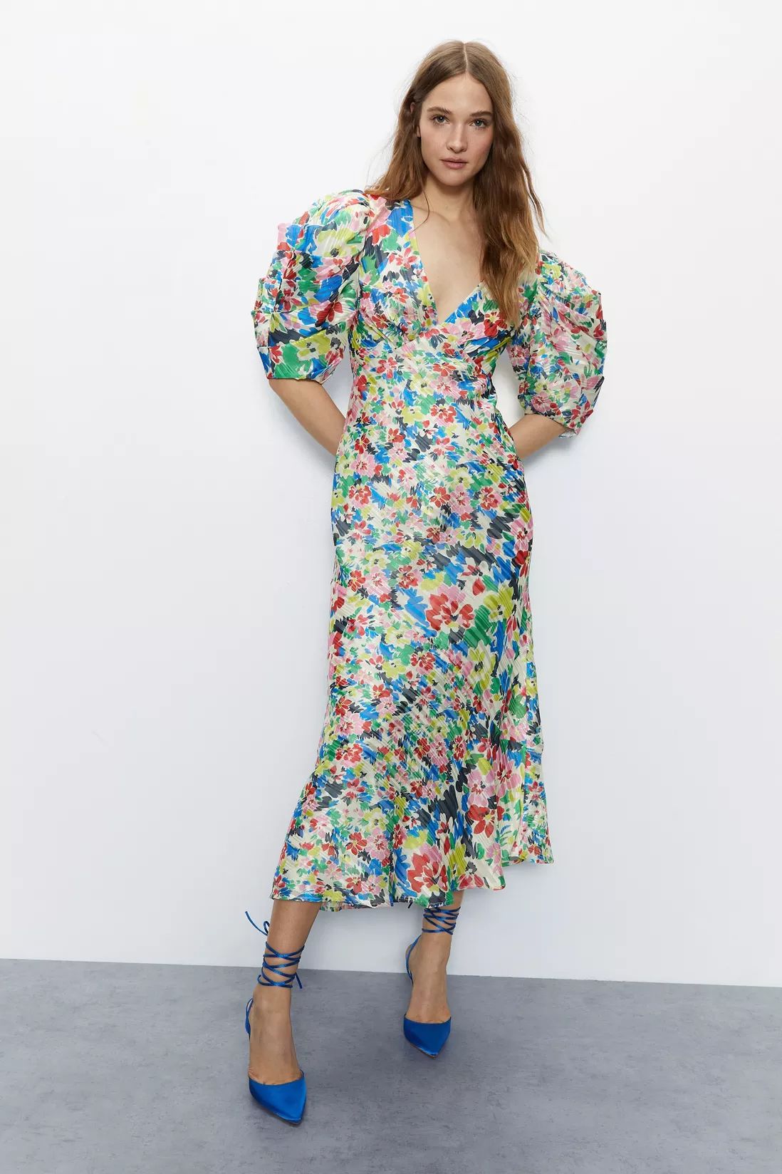 Dresses | Bright Floral Print Puff Sleeve V Neck Dress | Warehouse | Warehouse UK & IE